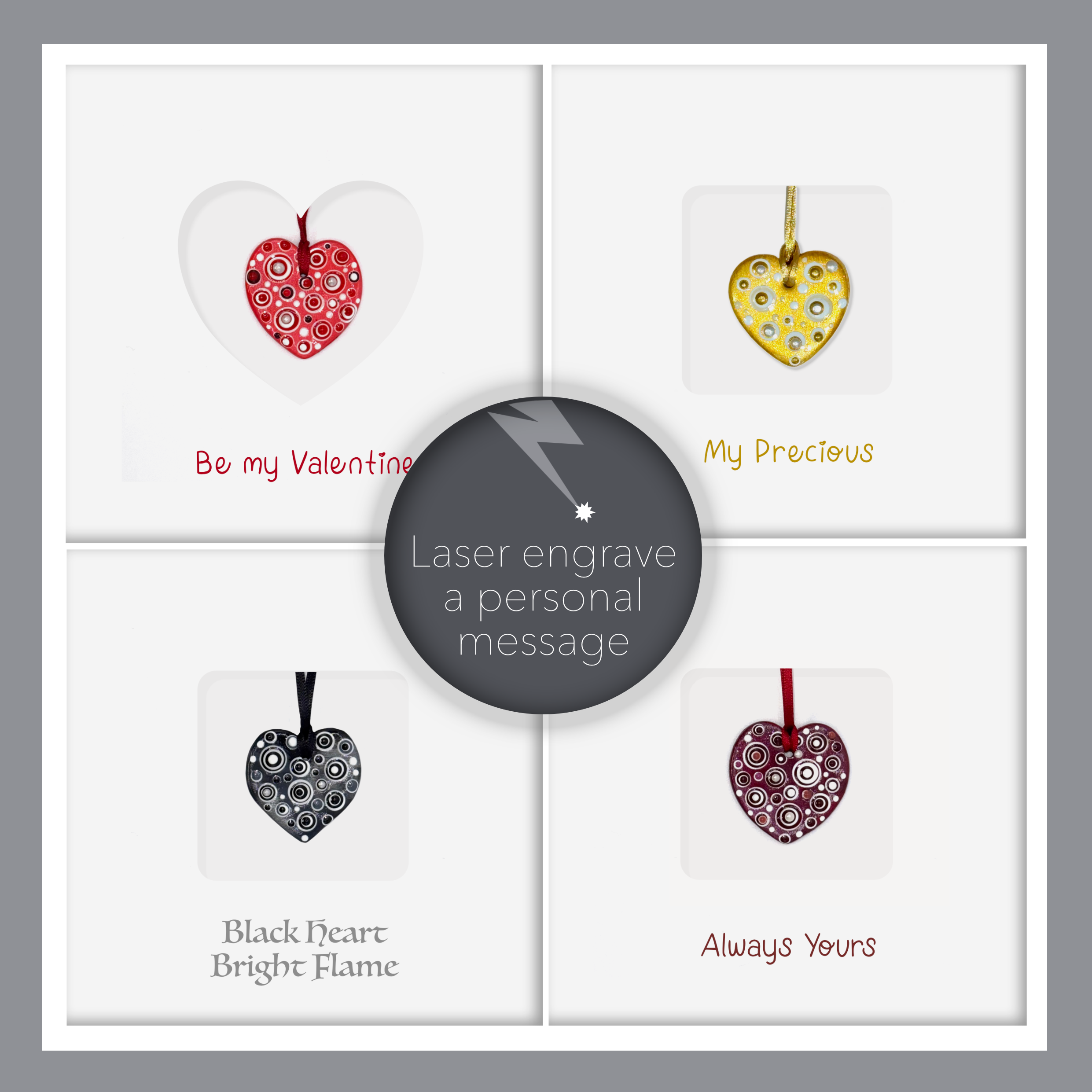 Handmade ceramic heart keepsake cards in red, gold, black, and burgundy, with engraving option.