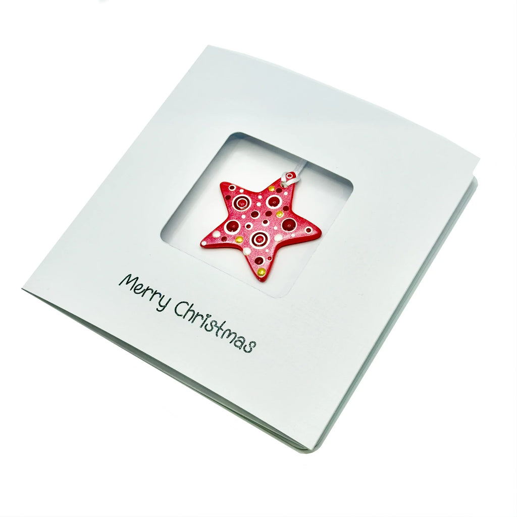 Handmade ceramic star Christmas keepsake card with festive red and white patterns