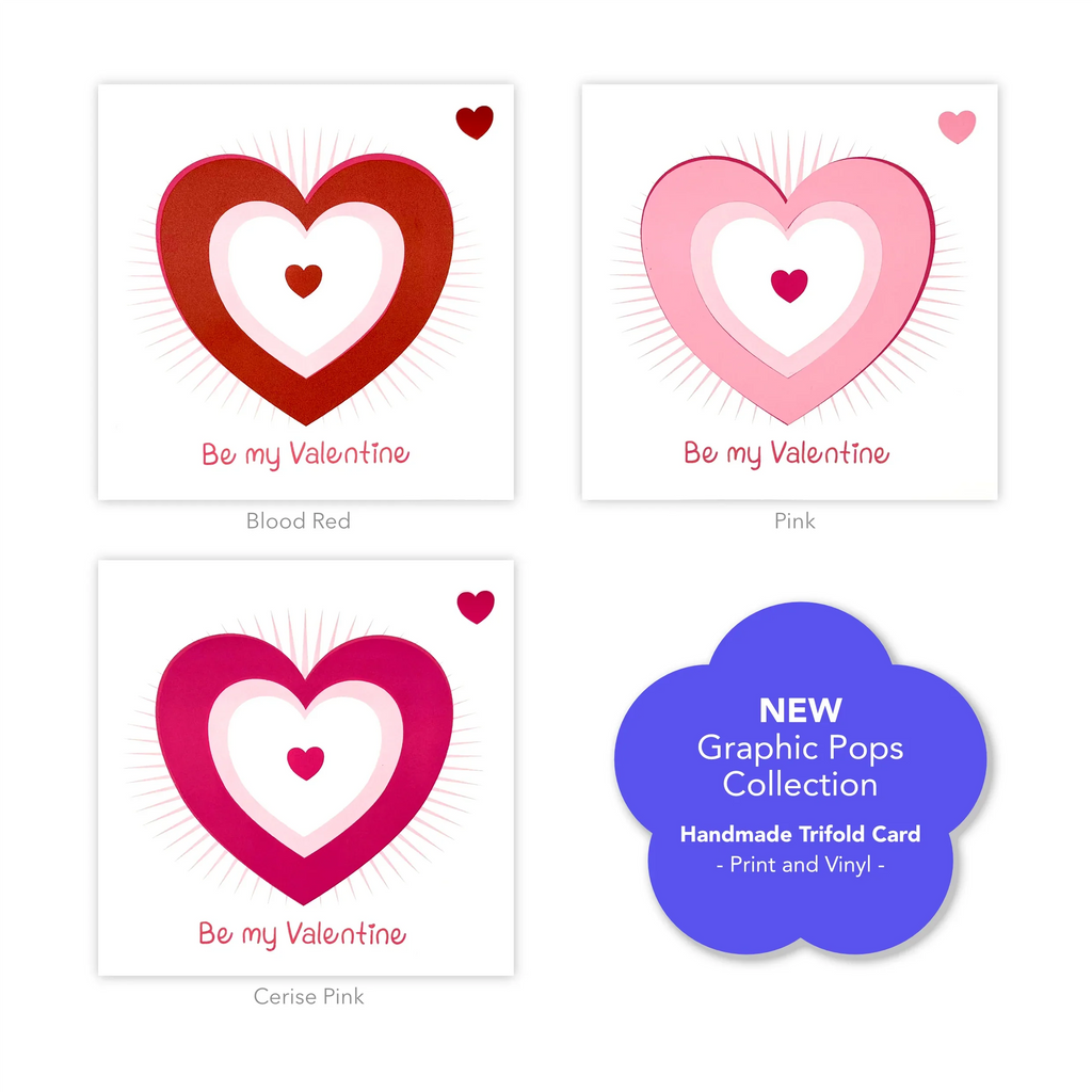 Valentine’s handmade cards with layered heart designs in red, pink, and cerise, and text 'Be my Valentine'.
