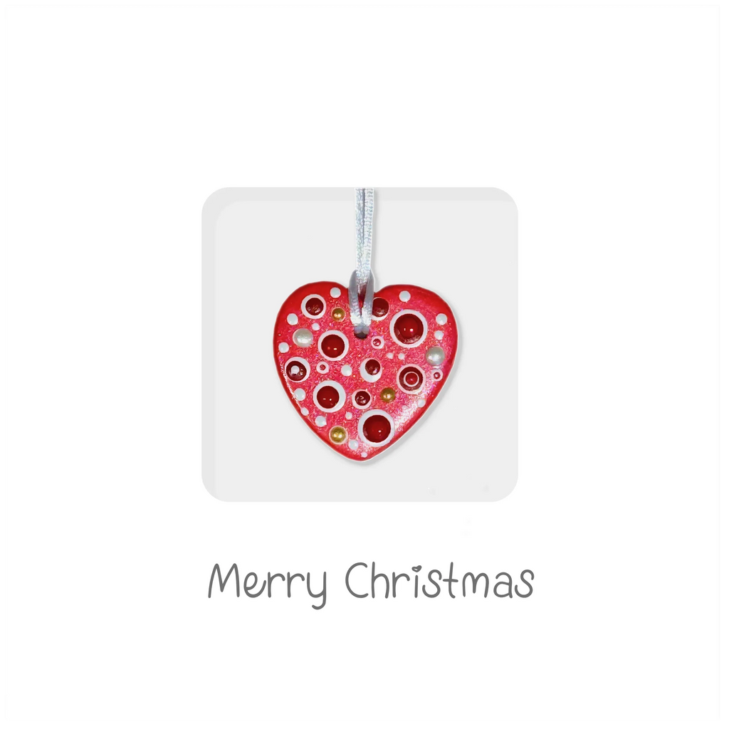 Handmade ceramic red heart Christmas ornament with polka dots and ribbon, Merry Christmas message