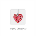 Handmade ceramic red heart Christmas ornament with polka dots and ribbon, Merry Christmas message