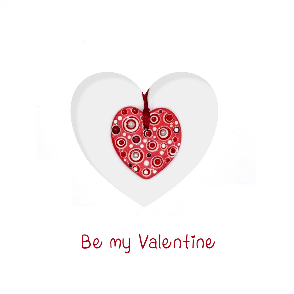 Handmade ceramic heart keepsake card with red patterned heart and 'Be my Valentine' text.