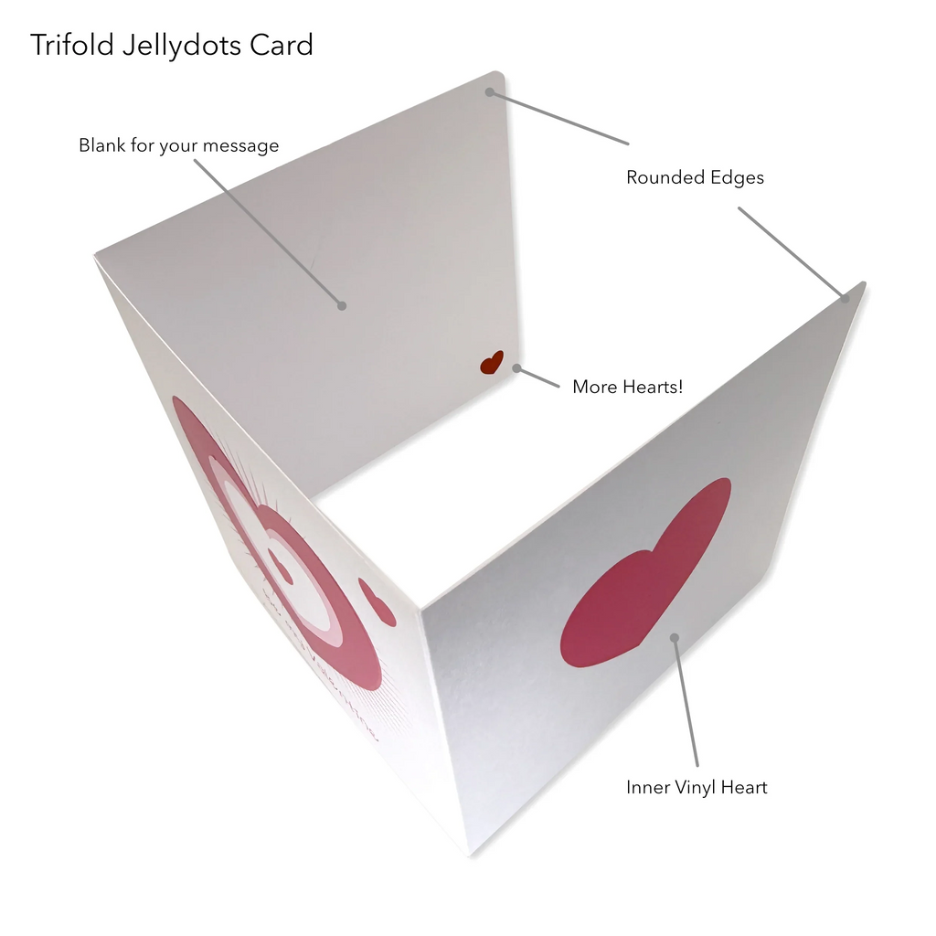 Trifold keepsake card with pink and red hearts, rounded edges, and blank space for message
