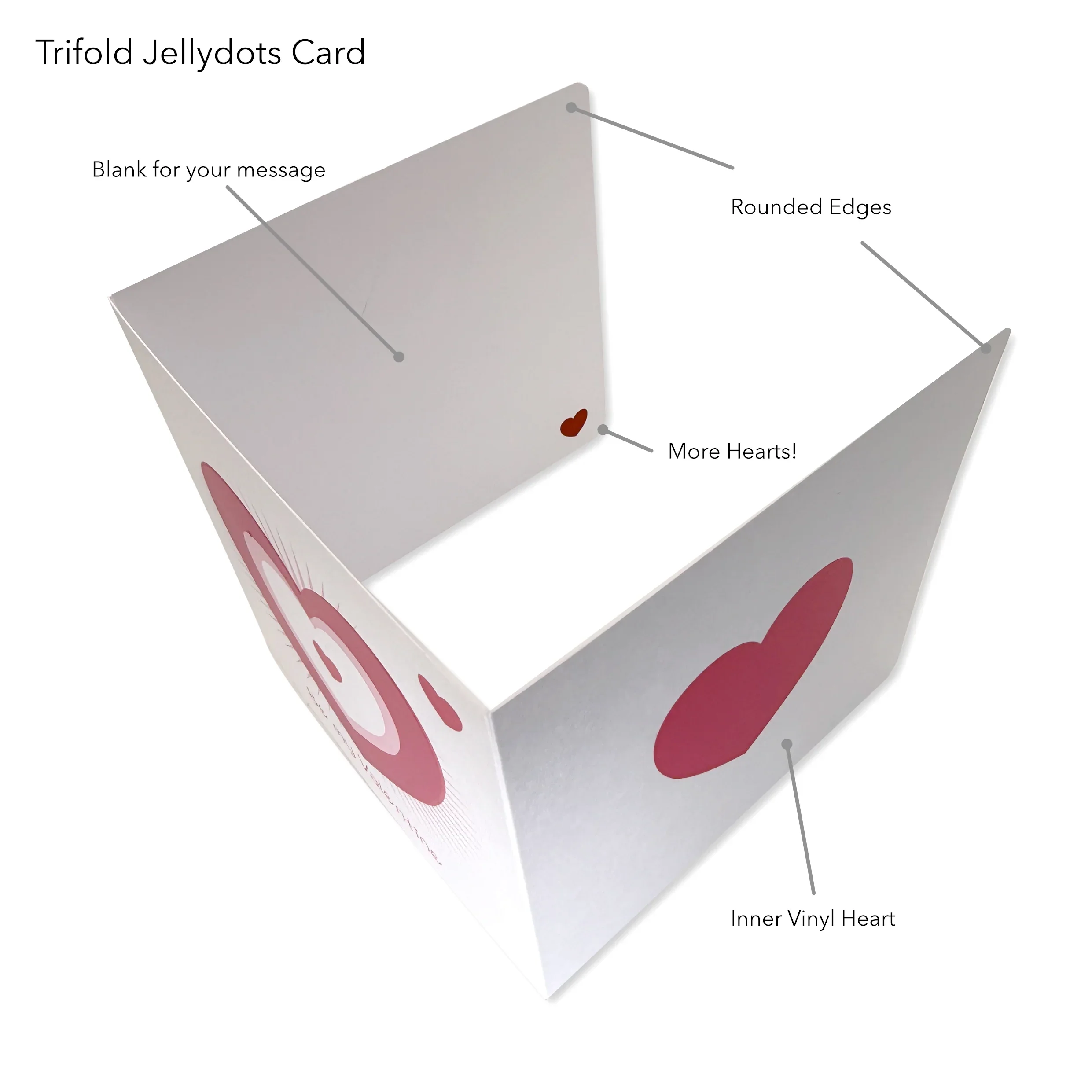 Trifold keepsake card with pink and red hearts, rounded edges, and blank space for message